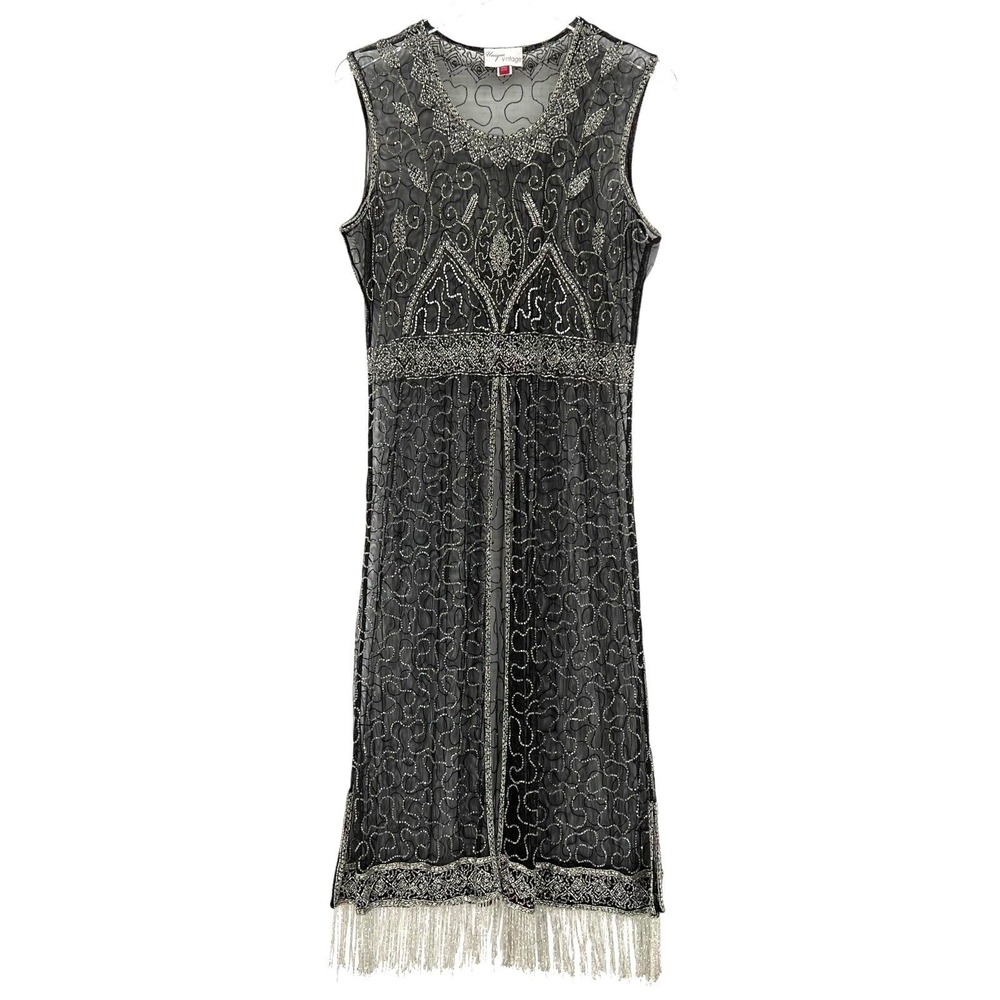 Vintage Sheer Beaded Maxi Dress One Size Duster Whimsigoth Festival Black Mesh